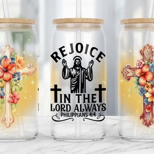 Religious Glass Can Wrap: Faith Cross, Rejoice Design (PNG Digital Download)