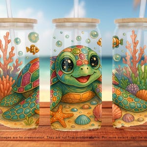 Cute Sea Turtle 16oz Libbey Glass Wrap PNG, Vintage Summer 16oz Tumbler, Sea Turtle Starfish Glass Can Wrap, PNG File Digital Download Only
