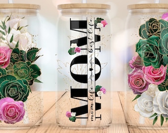 Mom Life Flower 16oz Libbey Glass Can Wrap, Mama Flower Glass Cup, Best Mom Ever Tumbler Sublimation Design, Mother's Day Digital Download