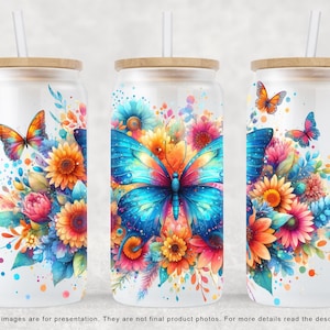 Pretty Butterflies Flowers 16oz Glass Can Wrap UV DTF Sublimation Design, Colorful 16oz Glass Jar, Libbey Tumbler Wrap PNG Digital Download