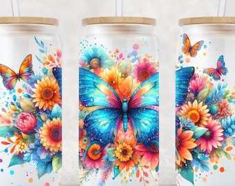 Butterfly Flower 16oz Glass Can Wrap: UV DTF Sublimation Design (Digital Download)