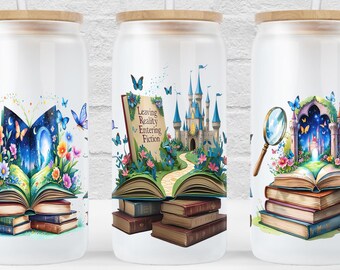 Leaving Reality Entering Fiction 16oz Libbey Glass Can Wrap, Book Lover Sublimation Design, Reader Glass Wrap PNG, Digital Download File