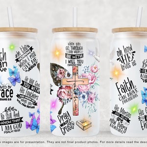 Faith Affirmations 16 oz Libbey Glass Can Sublimation Design, Cross Glass Can Cup, Faith Cross Libbey Glass Wrap, PNG File Digital Download