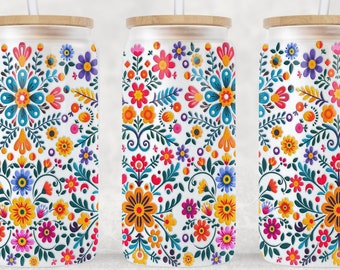 Mexican Floral Embroidery Pattern 16oz Libbey Glass Tumbler Wrap PNG File, Floral 16oz Tumbler Sublimation Wrap Design, Png Digital Download