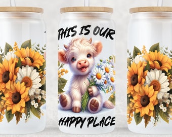 Baby Highland Cow Floral Libbey Glass Can Wrap Sublimation Design (Digital Download)