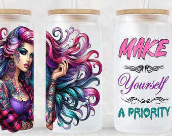 Afirmaciones diarias de amor propio, divertidas y sarcásticas, vaso de vidrio Libbey de 473 ml (16 oz), diseño de sublimación, salud mental, diseños de sublimación, café Libbey