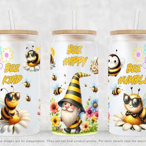 Bee Kind Bee Happy Bee Humble Bee Gnome 16 once Libbey Glass Can Tumbler Design, tazza di caffè Libbey, Can Tumbler Design PNG digitale
