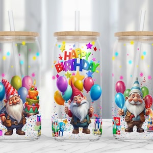 Birthday Gnomes 16oz Libbey Glass Can Sublimation Design, Gnome Birthday Gift, Happy Birthday Gnome, Gnome Glass Wrap, PNG Digital Download