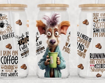 Funny Black Coffee Quotes 16oz Libbey Glass PNG, Coffee Dog Sublimation Design, Digital Download