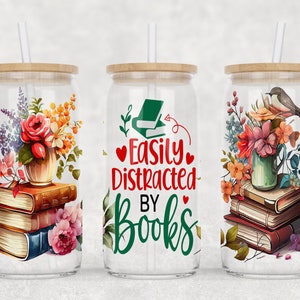 Floral Books Glass Can Wrap: Librarian Design (PNG Digital Download)