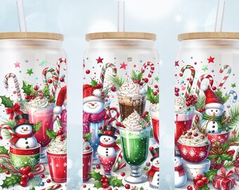 Snowman Coffee Christmas Watercolor 16oz Libbey Glass Can Design, Christmas Coffee Glass Can Wrap, Christmas Libbey Can PNG Digital Download