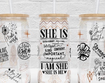 SHE IS Daily Affirmation, bicchiere in vetro Libbey da 16 once, stampa a sublimazione, involucro con affermazione, design per l'amore per se stessi, download digitale PNG