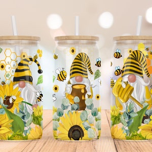 Sunflower Bee Gnomes 16oz Libbey Glass Can Sublimation Design, Sunflower Gnomes Libby Glass, Bee Gnomes Tumbler Wrap, PNG Digital Download