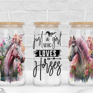 Just A Girl Who Loves Horses 16 oz Libbey glasfolie, cadeau paardenliefhebber, wrap paardenbeker, bloemen paardenbloemen ALLEEN digitale download png-bestand