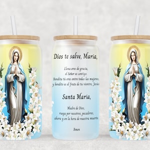 Dios Te Salve, María 16oz Libbey Glass Can Tumbler Diseño de Sublimación - Virgen María Orando - Virgen De Guadalupe PNG Archivo Descarga Digital