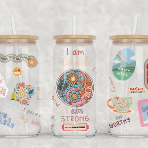 Retro Self Love Affirmations 16oz Libbey Glass Can Tumbler Sublimation Design, Daily Affirmations Wrap, PNG File Digital Download