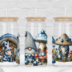 Lady Bug Gnomes 16oz Libbey Glass Can Sublimation Design, Gnomes Tumbler Wrap, Blue Lady Bug Gnomes Libby Glass, PNG File Digital Download