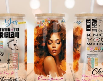 Love Yourself Black Woman Affirmation 16 oz Libbey Glass Can Tumbler PNG Sublimation Design, Daily Affirmations Wrap, Digital Download