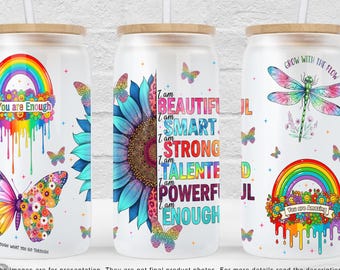 Positive Affirmations Sublimation Design, 16oz Libbey Glass Cup Wrap PNG, Motivational Quote UV DTF Transfer Glass Can Digital Download