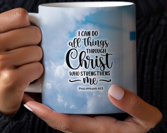Todo lo puedo en Cristo (11 oz y 15 oz) Taza PNG, Versículo bíblico religioso Filipenses 4:13, Descarga digital de sublimación cristiana