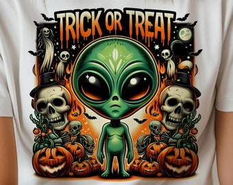 Funny Halloween Alien PNG: Trick Or Treat Shirt Design (Digital Download)