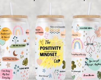 Tazza di Positività 16oz Libbey Glass Can Wrap PNG Sublimation Design, Positive Affirmations UV DTF, Inspirational Glass Png Digital Download