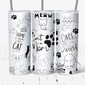 キャットママライフタンブラーラップ - 20オンス昇華デザイン、面白い猫のPNG付き、猫好きの方や猫を亡くした方へのプレゼントに最適