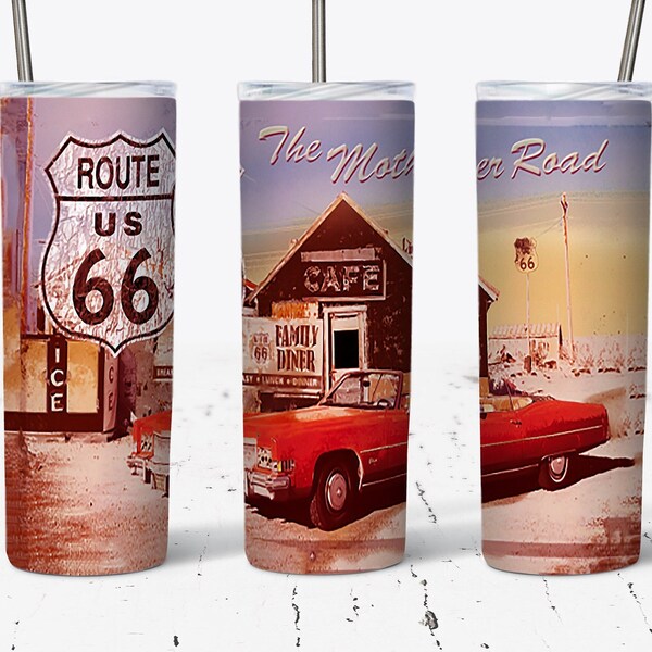 The Mother Road Route 66 Tumbler Wrap, PNG Sublimation Designs Included, Vintage American Pride 20oz Skinny Tumbler Wrap Digital Download