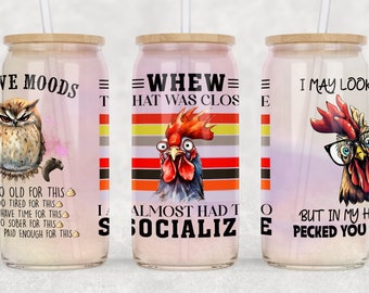 Funny Sarcastic Animals Glass Can Wrap, 16oz Libbey Glass Can Sublimation Design, Sarcastic Glass Can, Funny Tumbler PNG Digital Download