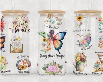 Design per sublimazione su lattina/bicchiere in vetro Libbey da 473 ml con affermazioni positive, confezione con affermazioni quotidiane, confezione con messaggio di amore per se stessi, file PNG scaricabile digitalmente.