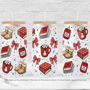 May include: Three glass tumblers with bamboo lids and straws, featuring a winter design. The pattern includes red bows, books, candles, mugs with snowmen, and boots, set against a white backdrop.