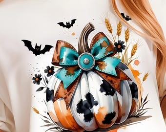 Cowhide Pumpkin PNG – Western Fall Sublimation Design | Turquoise Bow Pumpkin Clipart | Retro Cow Print Autumn Shirt | Digital Download