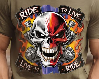 Hell Rider Flaming Skull Design, Ride to Live - Live to Ride PNG Biker Shirt Sublimation, Rider Skull PNG Graphic, PNG Digital Download File