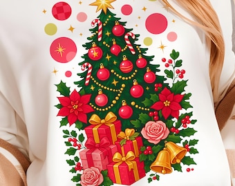 Retro Christmas Tree PNG, Coquette Holiday Sublimation Design, Poinsettia Mistletoe Gifts Digital Download