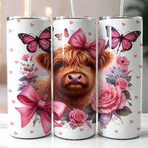 Highland Cow Tumbler Wrap, Coquette Pink Bows Soft Girl Aesthetic 20oz Skinny Tumbler Sublimation Design Digital Download PNG file