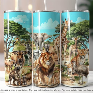 サファリ昇華デザイン、20オンススキニータンブラーラップ、動物園タンブラーデザイン、子供へのかわいいジャングル動物ギフト、子供用タンブラーPNGデジタルダウンロード