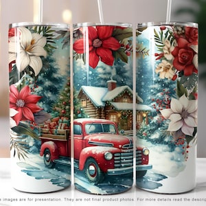 Christmas Truck Tumbler Wrap: Red Truck Floral Design (Digital Download)