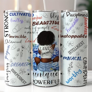 Love Yourself Black Woman 20oz Tumbler Wrap, 20 oz Skinny Tumbler Sublimation Designs, Affirmations Tumbler Wrap, PNG File Digital Download