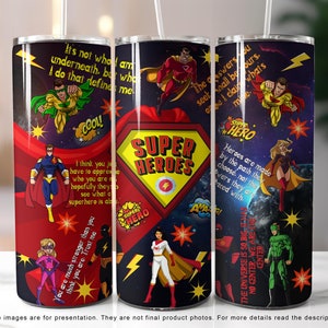 Citações de super-heróis Copo magro de 20 onças, design de sublimação, lembretes diários de heróis, afirmações de super-heróis, download digital inspirador PNG