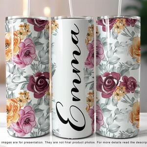Fügen Sie Ihren Namen Tumbler Wrap, Boho Skinny 20 Unzen Skinny Tumbler Sublimationsdesign, Floral nahtlose PNG, PNG-Datei nur digitaler Sofort-Download