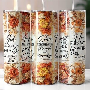Bicchiere floreale con versetto della Bibbia da 20 once: design cristiano a sublimazione (download digitale PNG)