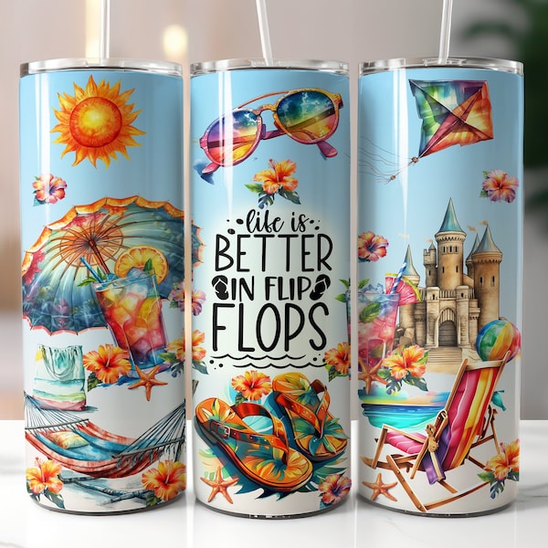Life Is Better In Flip Flops 20 oz Skinny Tumbler Sublimation, Summer Tumbler Design, Beach Tumbler Wrap, Beach Life PNG Digital Download