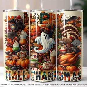Happy Hallowthanksmas 20oz Skinny Tumbler, Halloween Sublimation Design, Christmas Tumbler Wrap, Thanksgiving PNG File Instant Download Only