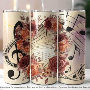 Vintage Music Note Tumbler Wrap with Flowers PNG - Perfect for Music Lovers, 20oz Skinny Tumbler Sublimation Design, PNG Digital Download