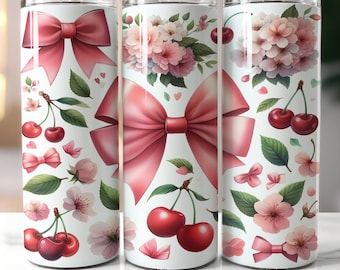Coquette Pink Bows Soft Girl Aesthetic 20oz Skinny Tumbler Sublimation Design, Tumbler Gift For Girl, Coquette Cherries PNG Digital Download