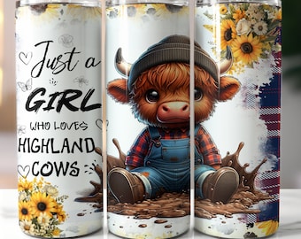 Nur ein Mädchen, das Highland Cows Tumbler Wrap liebt, 20 Unzen Skinny Sublimationsdesign, Highland Kuh PNG Digital Download