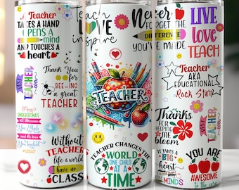 Pode incluir: Três copos de aço inoxidável branco com designs coloridos e citações inspiradoras para professores. Os copos apresentam frases como "Teacher Takes a Hand", "Teacher Changes the World" e "Live Love Teach".