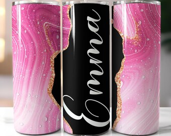 Pink Marble Tumbler Wrap, Add Your Own Name Pink Black Agate, Seamless Sublimation Designs, 20oz Skinny Tumbler Design, PNG Digital Download