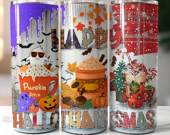 Hallowthanksmas Tumbler Wrap: Halloween, Thanksgiving, Christmas PNG (Digital Download)