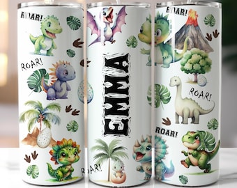 Add Kids Name Tumbler Wrap, Dinosaur Name 20 oz Skinny Tumbler Sublimation Design, Funny Watercolor Animal  PNG Design Digital Download